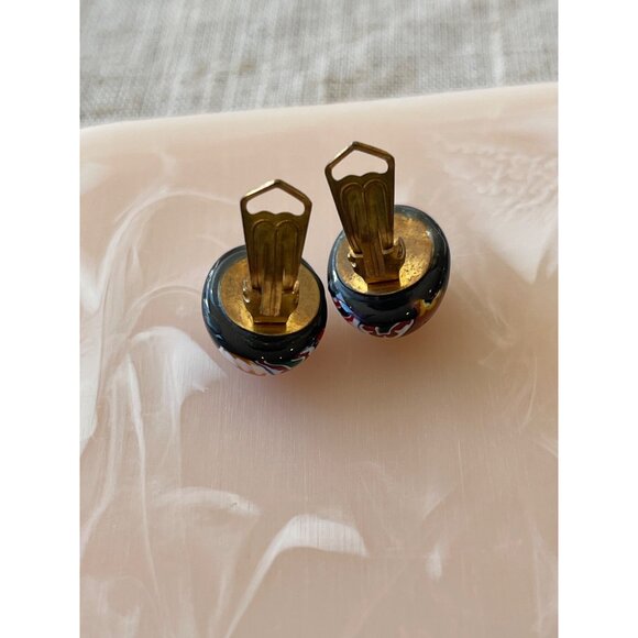 Vintage Millefiori Clip-On Earrings With Colorful Floral Glass Design - Picture 6 of 13